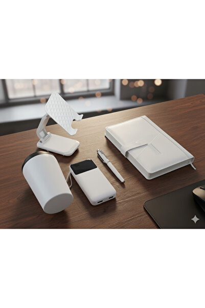 Hsn طقم مكتبي فاخر أبيض 5 قطع – دفتر، كوب قهوة، باور بنك، حامل جوال، وقلم