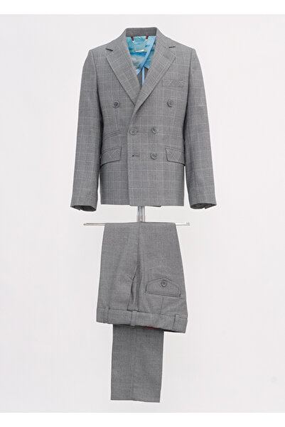 Micio Boy's Gray Plaid Double Breasted Jacket Patternless Hidden Elastic Pant...