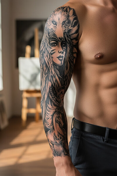 TAKIŞTIR Kurt Ve Kız Figürlü 12 Saat Sonra Kararan Geçici Kol Dövme Tattoo