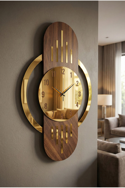 AA Shop Ceviz Renk Gold Altın Sayılı Yılbaşı Hediyelik Ahşap Dekoratif Sessiz Büyük Boy Duvar Saati 70cm