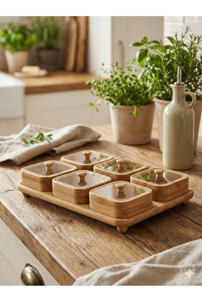 PERLAEVKAHVE 6-Piece Breakfast & Nut Storage Set with Bamboo Stand and Plexiglass Lid