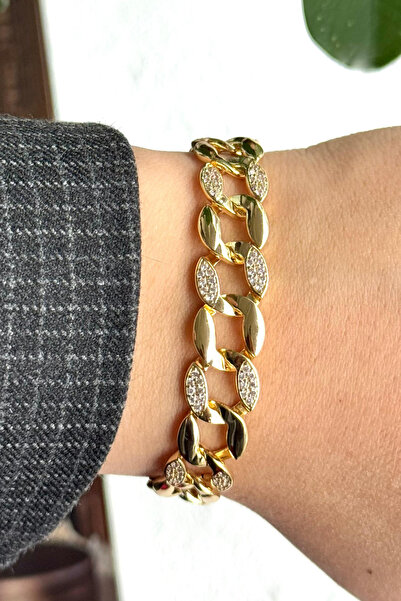 Leo'Stone Premium Seri Gurmet Zincir Model Zirkon Taşlı Tasarım Kadın Çelik Bileklik Kelepçe