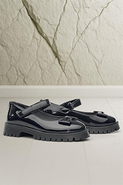 Rakerplus Balerini pentru fete din piele lacuita neagra cu talpa groasa Velcro