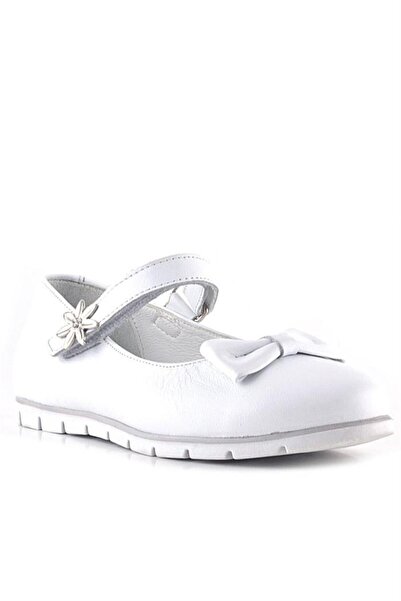 Rakerplus Genuine Leather White Velcro Flower Detailed Girls' Ballerina Shoes