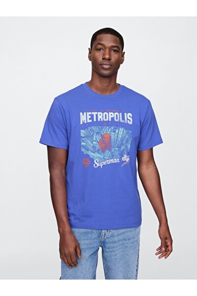 GAP Erkek Mavi Grafik Baskılı T-Shirt