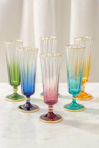 YzHome 6 Lı Flüt Renkli Kahve Yanı Su Bardağı Kadeh Kupa Bardak 150ml