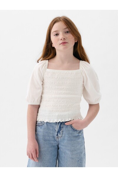 GAP Kız Çocuk Beyaz Büzgü Detaylı Bluz