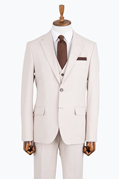 HC MEN CLASSIC Erkek Bej Mono Yaka Modern Fit Yelekli Takım Elbise