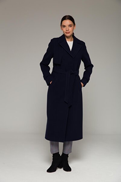 Olcay Mittellanger Mantel mit Kapuze und Epauletten-Detail, Druckknopfverschluss, DUNKELBLAU 3771