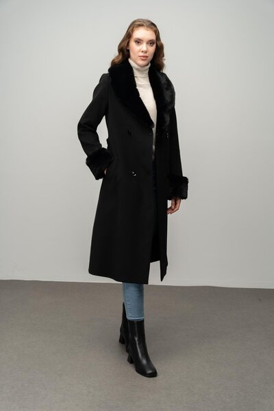 Olcay Zweireihiger Mantel - Abnehmbarer Kragen und Ärmel, Mittlere Länge, SCHWARZ 3043