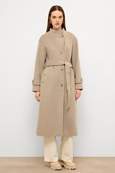 Olcay Stand Collar Oversize Long Coat Stone Melanj 3124