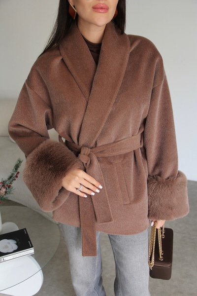 Berf Brown Sleeves Fur Detailed (Removable) Double-Breasted Collar Belted Cas...