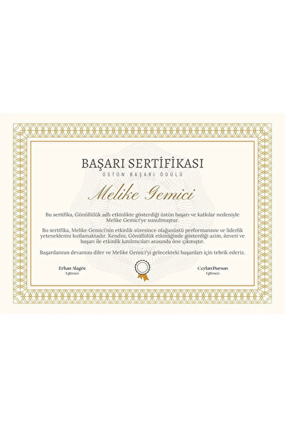 Kişiye Özel Sertifika - Mezuniyet Sertifikası - Başarı Sertifikası ( 10 Adet ) Gold Renk