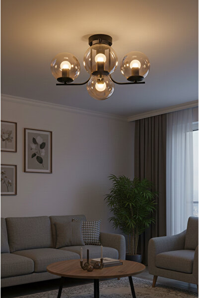 Uçar Lora Modern Tasarım Minimal Yatak Odası Salon Mutfak Oturma Odası Bal Camlı 4 lü Avize