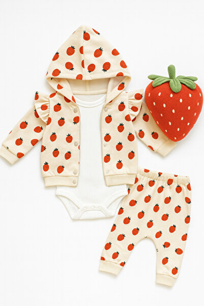 Linda Harris Strawberry Pattern Krem Kapüşonlu 3’lü Bodyli 3’lü Yenidoğan Beb...