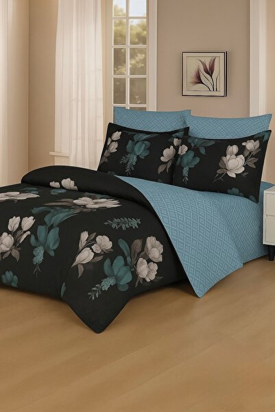 Casa Pucioasa Fine Cotton Bed Linen 6 Pieces -Casa Pucioasa -Floral Black & Turquoise
