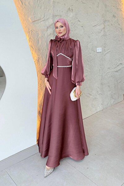 Şulemoda Giyim Βραδινό φόρεμα με αλυσίδα μέσης Dusty Rose