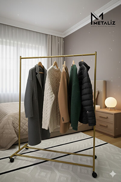METALİZ YENİLİKÇİ TASARIMLAR Gold Pratik Tekerlekli Konfeksiyon Askısı - Kıyafet Standı ve Organizer