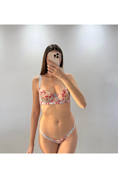 İNKO İÇ GİYİM Mavi Balenli Kapsız Tül Detaylı Desenli Sütyen Takımı (Sütyen T...