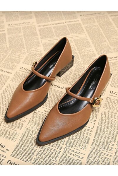 ELEVAM Women's Gold Buckled Leather Dyed High-Heeled Shoes 4 cm