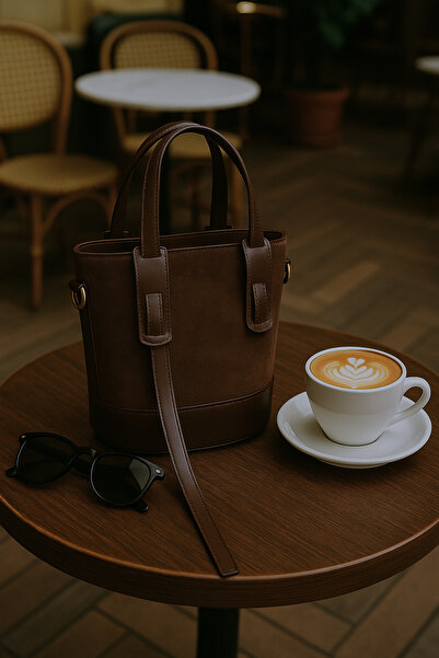 NOTHING Women's Suede Brown Long Leather Detailed Zipper Closure Bucket Hand and Shoulder Bag