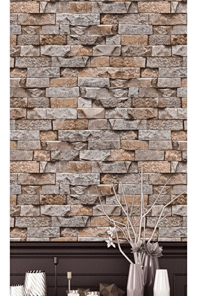 dekorburada Kaliteli Silinebilir Krem Kahve Taş Desenli Duvar Kağıdı (5,3m2)