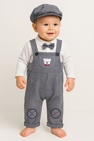 DIMPLE BABY Beanie Teddy Bear Embroidered Wooden Button Bow Tie Slopet Jumpsuit