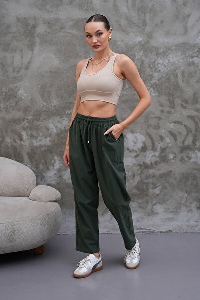 BigBrossBoutique Khaki Linen Blended Casual Casual Style Women's Trousers