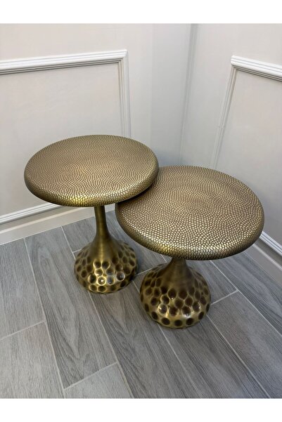 Valda 2’li Fırçalı Gold Dövme Demir Modern Yan Sehpa Seti