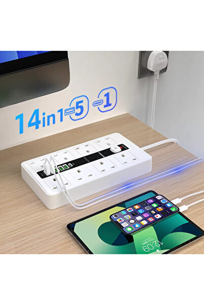 BARAKAH Power Strip with Surge Protection, 5 USB Ports & 1 Type-C Port, 2m Cord (White)