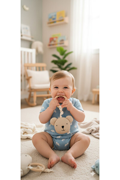 O&G Collection Sevimli Ayıcık %100 Pamuklu Cappucino Müslin Doğal Ahşap Diş K...