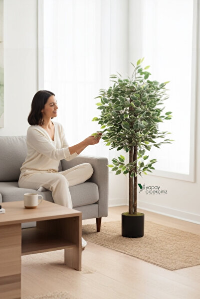 YAPAY ÇİÇEKÇİNİZ Siyah Saksıda Yoğun Yapraklı 120 Cm Yeşil Beyaz Renkli Yapay...