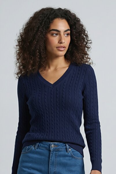 hateko Women's Pure 100% Cotton Navy Blue V-Neck Hair Knit Sweater – Knitted Pattern