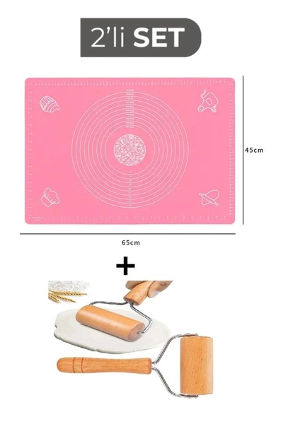 ZUZU MADE 2'li Set Pembe Renk 45x65 Cm Silikon Hamur Açma Matı Ve Pratik Ahşap Saplı Silindir Hamur Açıcı