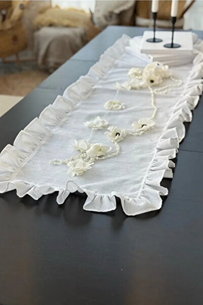 KaiHome Cărucior dreptunghiular cu volane Heryeri din in alb strălucitor 40 X 120 cm