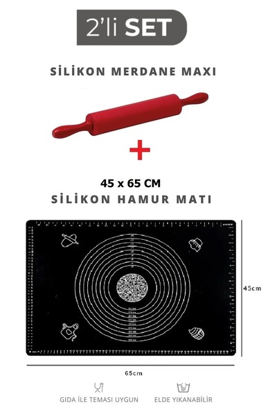 ZUZU MADE Hamur Açma Seti 45x65 Cm Silikon Hamur Açma Matı Siyah Ve Silikon M...