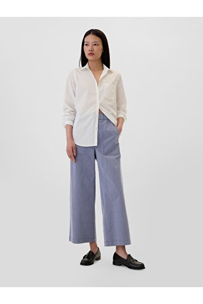GAP Kadın Mavi Mid Rise Çizgili Easy Wide-Leg Khaki Pantolon