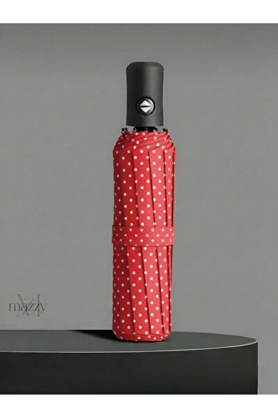 Mazzy Tam Otomatik Rüzgara Dayanıklı Fiber Telli Kırmızı Puantiyeli Şemsiye