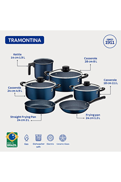 TRAMONTINA منذ عام 1911، صنع في البرازيل - مجموعة أواني طهي من الألومنيوم باللون الأزرق مكونة من 9 قطع