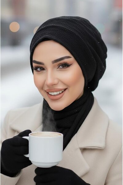 Aişe tesettür Siyah Triko Tesettür Bere Ve Etol Takım