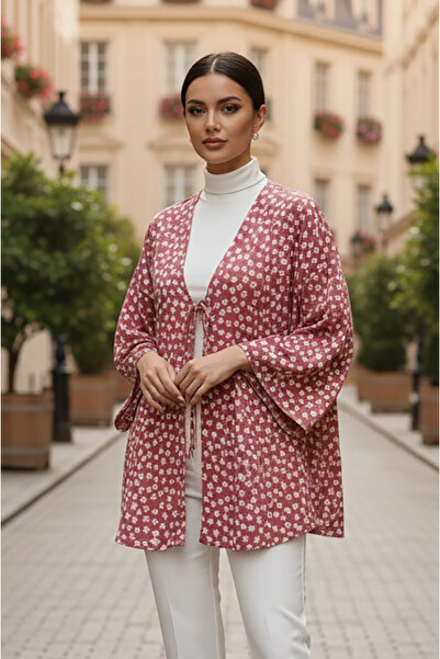 Aişe tesettür Pudra Çiçekli Önü Bağlamalı Kimono Tunik / Ütü İstemez 85 CM BOY