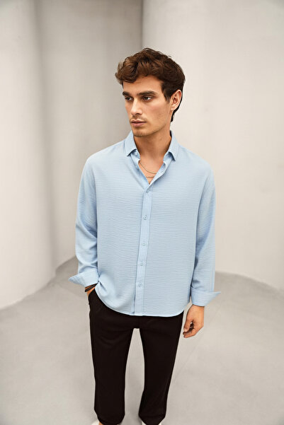 Bürke Ανδρικό πουκάμισο με μακρυμάνικο μπλε χρώμα με υφή καλοκαιρινό λινό