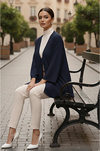 Aişe tesettür Lacivert Önü Bağlamalı Kimono Tunik /Likralı Yazlık Kumaş