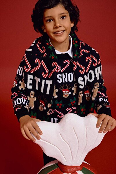 DeFacto Erkek Çocuk Yılbaşı Temalı Bisiklet Yaka Triko Kazak F9234A825CW