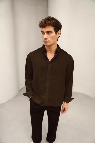Bürke Summer Linen Textured Long Sleeve Brown Half Oversized Men's Shirt