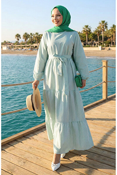 sefamerve Terikoton Çizgili Kuşaklı Elbise 0101-02 Yeşil