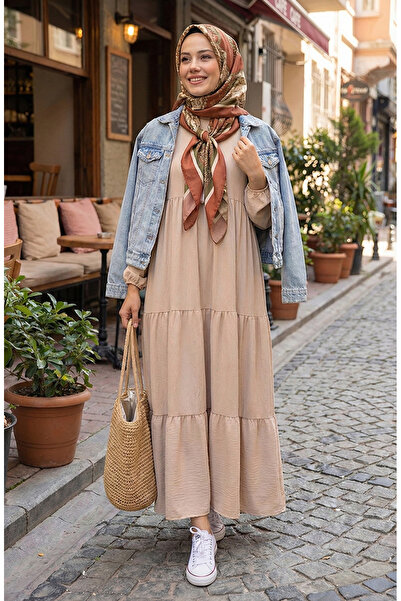 sefamerve فستان ذو طبقات مع رباط وياقة 4107-06 كريمي