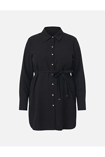 Kayra Rope Belted Shirt Collar Tunic Black