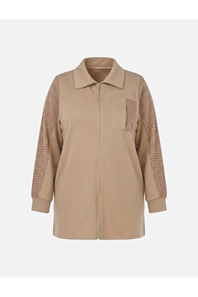 Kayra Plaid Paneled Three Thread Sweatshirt Beige