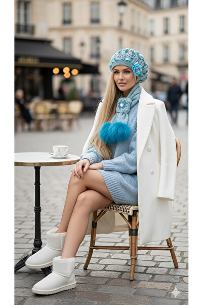 drt tasarım 3 Boyutlu Ponponlu Lüks Ressam Bere Mavi Kurdele